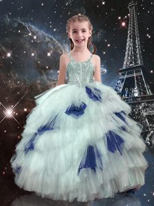 Customized White Sleeveless Floor Length Beading and Ruffled Layers Lace Up Pageant Dress Womens