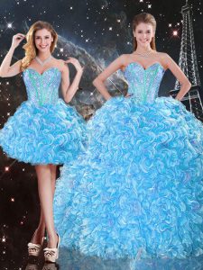 Cute Floor Length Lace Up 15th Birthday Dress Baby Blue for Military Ball and Sweet 16 and Quinceanera with Beading and Ruffles