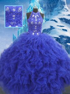 Scoop Sleeveless Quince Ball Gowns Floor Length Beading and Ruffles Blue Organza