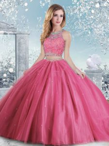 Beautiful Floor Length Clasp Handle Quinceanera Dresses Hot Pink for Military Ball and Sweet 16 and Quinceanera with Beading and Sequins