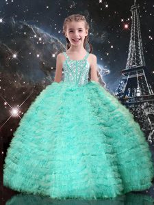 Sleeveless Tulle Floor Length Lace Up Child Pageant Dress in Turquoise with Beading and Ruffled Layers