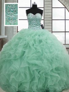 Top Selling Organza Sweetheart Sleeveless Lace Up Beading and Ruffles Quinceanera Gowns in Apple Green