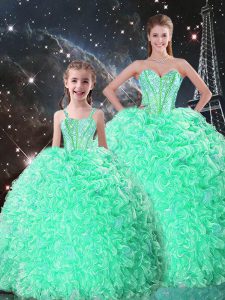 Traditional Apple Green Lace Up Sweetheart Beading and Ruffles Vestidos de Quinceanera Organza Sleeveless