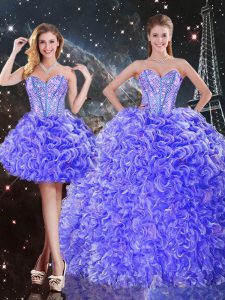 Purple Three Pieces Organza Sweetheart Sleeveless Beading and Ruffles Floor Length Lace Up Quinceanera Dresses