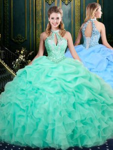 Sleeveless Floor Length Beading and Ruffles and Pick Ups Lace Up Quinceanera Dresses with Apple Green