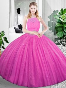 Fuchsia Organza Zipper Scoop Sleeveless Floor Length Quinceanera Gowns Lace and Ruching