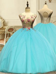 Best Scoop Sleeveless Lace Up Quinceanera Dress Aqua Blue Organza