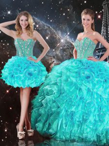 Free and Easy Organza Sweetheart Sleeveless Lace Up Beading and Ruffles Ball Gown Prom Dress in Aqua Blue
