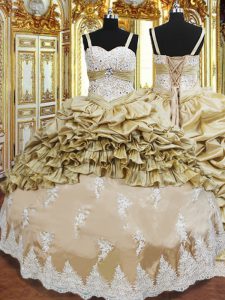 Champagne Taffeta Lace Up Straps Sleeveless Floor Length 15 Quinceanera Dress Beading and Appliques and Ruffled Layers and Pick Ups