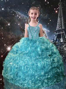 Stunning Straps Sleeveless Lace Up Kids Pageant Dress Teal Organza