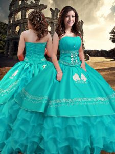 Beautiful Sleeveless Floor Length Embroidery and Ruffled Layers Zipper Vestidos de Quinceanera with Turquoise