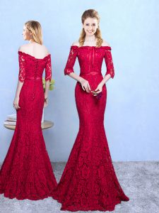 Wine Red Lace Lace Up Quinceanera Court Dresses Half Sleeves Floor Length Lace