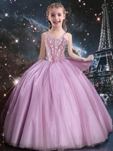 Wonderful Straps Sleeveless Pageant Dress Toddler Floor Length Beading Rose Pink Tulle