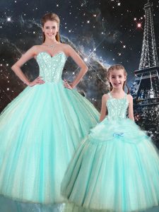 Sleeveless Floor Length Beading Lace Up 15th Birthday Dress with Turquoise