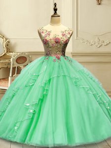 New Style Floor Length Lace Up Quinceanera Gown Green for Military Ball and Sweet 16 and Quinceanera with Appliques