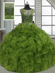 Olive Green Sleeveless Beading and Ruffles Floor Length Vestidos de Quinceanera