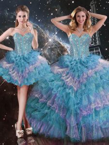 Fabulous Sweetheart Sleeveless Sweet 16 Dresses Floor Length Beading and Ruffled Layers Multi-color Organza