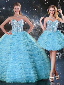 Popular Aqua Blue Sleeveless Beading and Ruffled Layers Floor Length Sweet 16 Dress