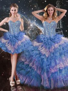 Floor Length Lace Up Sweet 16 Dress Multi-color for Military Ball and Sweet 16 and Quinceanera with Beading and Ruffled Layers and Sequins