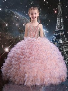Stylish Pink Ball Gowns Organza Straps Short Sleeves Beading and Ruffles Floor Length Lace Up High School Pageant Dress