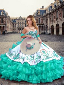 Turquoise Sweetheart Lace Up Embroidery and Ruffled Layers Sweet 16 Dresses Sleeveless
