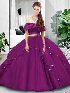Exceptional Eggplant Purple Sleeveless Lace and Ruffles Floor Length Quinceanera Dresses