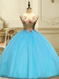 Super Floor Length Ball Gowns Sleeveless Baby Blue Quince Ball Gowns Lace Up