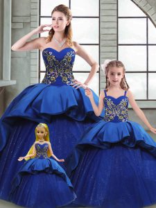 Fashion Blue Ball Gowns Taffeta Sweetheart Sleeveless Beading and Appliques and Embroidery Lace Up Vestidos de Quinceanera Court Train