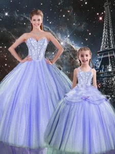 Sumptuous Lavender Sleeveless Floor Length Beading Lace Up Quince Ball Gowns