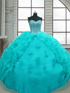On Sale Aqua Blue Ball Gowns Beading and Appliques and Pick Ups Ball Gown Prom Dress Lace Up Organza Sleeveless Floor Length