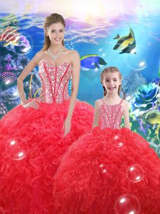 Floor Length Ball Gowns Sleeveless Coral Red 15 Quinceanera Dress Lace Up