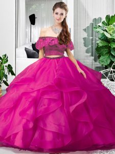 Fine Tulle Sleeveless Floor Length Quinceanera Gown and Lace and Ruffles