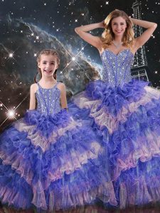 Multi-color Quinceanera Gown Military Ball and Sweet 16 and Quinceanera with Ruffled Layers and Sequins Sweetheart Sleeveless Lace Up