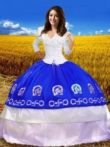 Royal Blue 3 4 Length Sleeve Taffeta Lace Up 15 Quinceanera Dress for Military Ball and Sweet 16 and Quinceanera