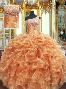 Floor Length Orange Quinceanera Dresses Organza Sleeveless Beading and Ruffles