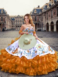 Inexpensive Orange Lace Up Sweet 16 Quinceanera Dress Embroidery and Ruffled Layers Sleeveless Floor Length