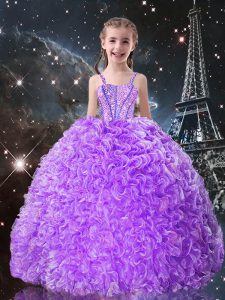 Inexpensive Lilac Pageant Gowns For Girls Quinceanera and Wedding Party with Beading and Ruffles Straps Sleeveless Lace Up