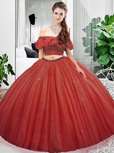 Dramatic Floor Length Coral Red Vestidos de Quinceanera Organza Sleeveless Lace