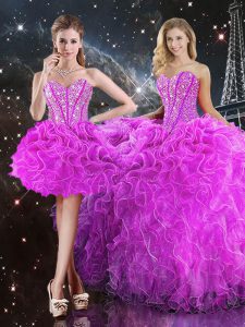 Smart Sweetheart Sleeveless Sweet 16 Dress Floor Length Beading and Ruffles Fuchsia Organza
