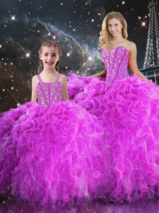 Fuchsia Sweetheart Lace Up Beading and Ruffles Quince Ball Gowns Sleeveless