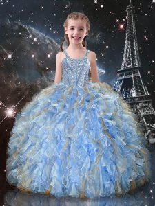 High Quality Light Blue Ball Gowns Beading and Ruffles Pageant Dress Wholesale Lace Up Organza Sleeveless Floor Length