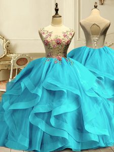 Stylish Aqua Blue Organza Lace Up Quince Ball Gowns Sleeveless Floor Length Appliques and Ruffles