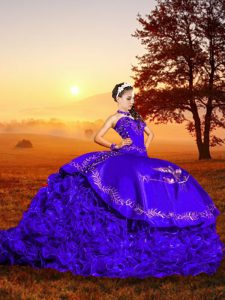 Beauteous Organza Sweetheart Sleeveless Brush Train Lace Up Embroidery and Ruffles Quinceanera Dress in Purple