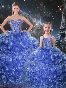 Blue Lace Up Quinceanera Gown Beading and Ruffles Sleeveless Floor Length