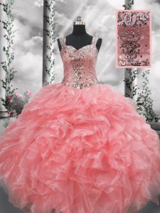 Watermelon Red Organza Zipper Ball Gown Prom Dress Sleeveless Floor Length Beading and Ruffles