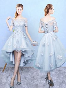 Light Blue Off The Shoulder Lace Up Lace Court Dresses for Sweet 16 Short Sleeves