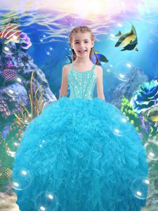 Organza Straps Sleeveless Lace Up Beading and Ruffles Pageant Gowns in Aqua Blue