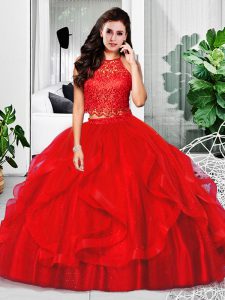 Red Tulle Zipper Ball Gown Prom Dress Sleeveless Floor Length Lace and Ruffles