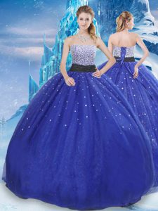 Charming Royal Blue Ball Gowns Beading and Sequins Sweet 16 Dress Lace Up Tulle Sleeveless Floor Length