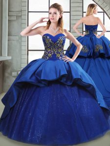 Elegant Blue Sweetheart Neckline Beading and Appliques and Embroidery 15th Birthday Dress Sleeveless Lace Up